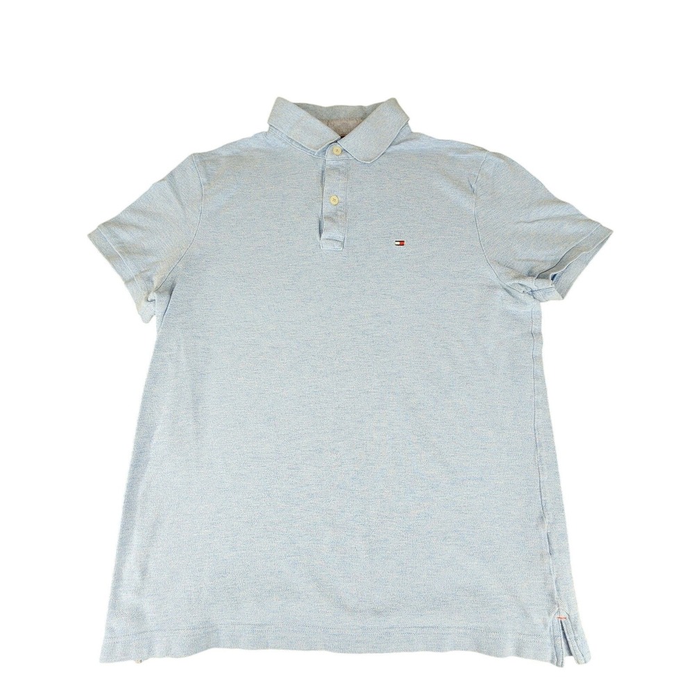 Tommy Hilfiger Polo Shirt sz M Men Light Blue Preppy Cotton‎ LOGO Short Sleeve